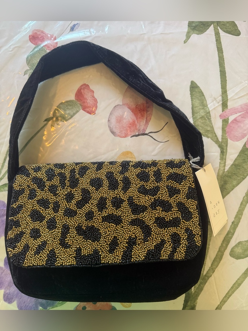 a new day Black Velvet Shoulder Bag with Gold & Black Beaded Leopard Flap